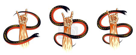 Illustration for Rock hand sign with aggressive snake set, hot music Rock and Roll gesture and serpent, Hard Rock festival concert or club, vector labels emblems or logos, musical instruments shop. - Royalty Free Image