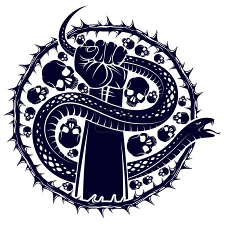 Illustration for Hand squeezes a snake, fight against evil, control your dark side, internal conflict, archetype shadow, life is a fight concept, vintage vector logo or tattoo. - Royalty Free Image