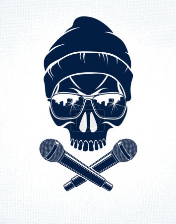 Logo ou étiquette vectoriel de musique hip-hop avec crâne méchant et deux microphones croisés comme des os croisés, Rap rime avec fête de boîte de nuit ou emblème de concert, imprimé t-shirt.