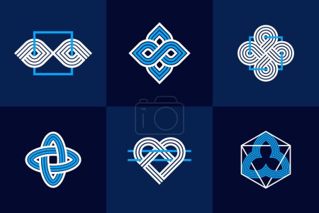 Illustration for Graphic design elements for logo creation, intertwined lines vintage style icons collection, abstract geometric linear symbols vector set. - Royalty Free Image