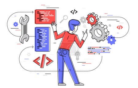 Illustration for Programmer is coding and repairing some machine system, vector outline illustration, computer engineer doing his job, sysadmin and coder. - Royalty Free Image