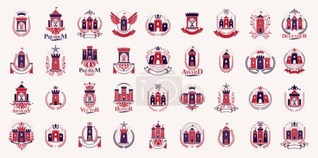 Illustration for Vintage castles vector logos or emblems, heraldic design elements big set, classic style heraldry architecture symbols, antique forts and fortresses. - Royalty Free Image