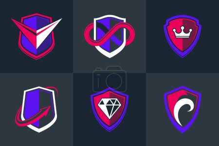 Ilustración de Classic shields shapes set with different additional elements vector symbols set, defense and safety icons, ammo emblems collection. - Imagen libre de derechos