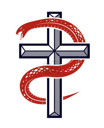 Ilustración de Serpiente en una cruz tatuaje vintage, serpiente envuelve alrededor de la cruz cristiana, Dios y la alegoría del diablo, la lucha entre el bien y el mal, logotipo de ilustración de vector simbólico o emblema. - Imagen libre de derechos