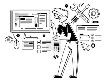 Illustration for Technician computer engineer repairing pc vector outline illustration, fixing system work with software and hardware, system administrator. - Royalty Free Image