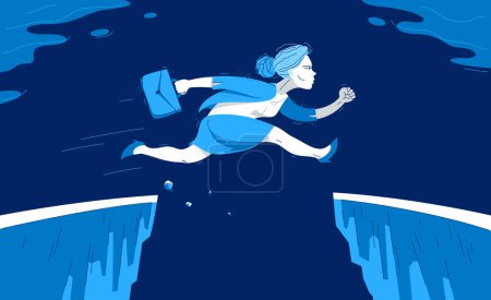 Illustration for Businesswoman jumps through gap, business risk concept vector illustration, woman employee worker leap over obstacle, career problems, bold to success. - Royalty Free Image