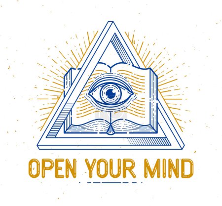 Illustration for Secret knowledge vintage open book with all seeing eye of god in sacred geometry triangle, insight and enlightenment, masonry or illuminati symbol, vector logo or emblem design element. - Royalty Free Image