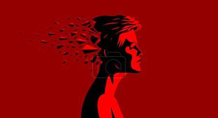 Illustration for Woman profile with exploding dynamic particles in motion vector illustration, mindfulness philosophical and psychological theme, meditation and awareness. - Royalty Free Image