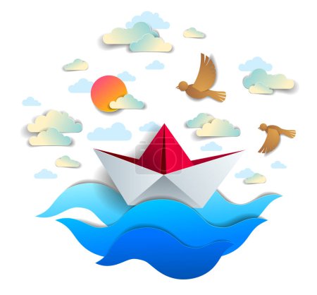 Illustration for Paper ship swimming in sea waves, origami folded toy boat floating in the ocean with beautiful scenic seascape with birds and clouds in the sky, vector illustration. - Royalty Free Image