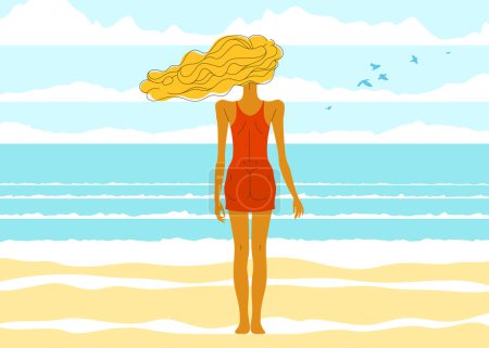 Illustration for Beautiful slim skinny girl stands at the seashore beach back and watches the ocean or sea resting in calm, vector illustrations of summer vacations laze beautiful seascape. - Royalty Free Image