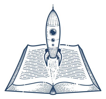 Ilustración de Libro abierto con lanzamiento cohete vector icono lineal, puesta en marcha de misiles de texto, biblioteca de literatura científica espacial línea de lectura ilustración de arte, ciencia ficción. - Imagen libre de derechos