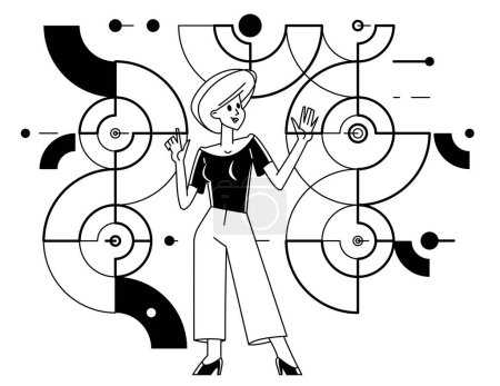 Illustration for Inspired inventive designer or engineer composing abstract elements, woman creative worker doing some job and creating some system, vector outline illustration. - Royalty Free Image
