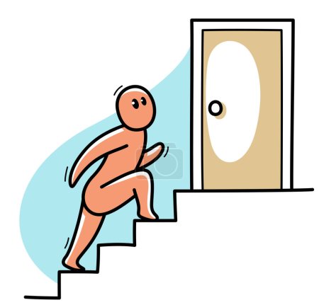 Illustration for Funny cartoon man climbing up stairs vector flat style illustration isolated on white, career and ambitions concept, business success. - Royalty Free Image