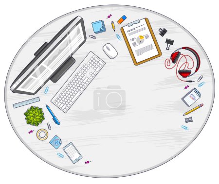 Illustration for Work desk workspace top view with PC computer and a lot of different stationery objects on table with copy space for text. All elements are easy to use separately or recompose illustration. Vector. - Royalty Free Image