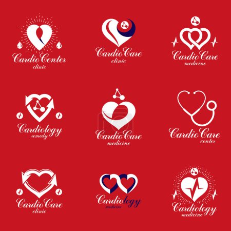Illustration for Heart shapes composed using pulsating ecg charts and phonendoscope. Disorders in cardiovascular system diagnosis clinic vector emblem for use in medical care advertisement. - Royalty Free Image