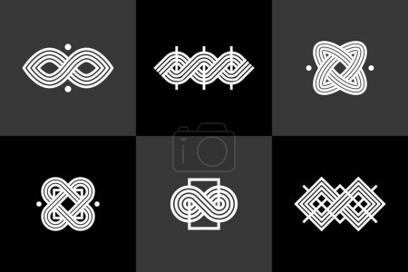 Téléchargez les illustrations : Graphic design elements for logo creation, intertwined lines vintage style icons collection, abstract geometric linear symbols vector set. - en licence libre de droit