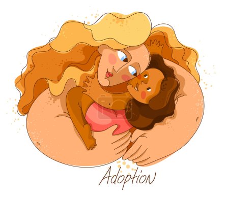 Illustration for Adoption child vector illustration in special personal style, accepted adopted baby, parenting family and care, loving hugging hands, happy beloved kid. - Royalty Free Image
