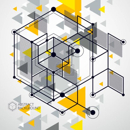 Téléchargez les illustrations : Vecteur de motif géométrique abstrait de cube 3D et fond jaune. Disposition des cubes, hexagones, carrés, rectangles et différents éléments abstraits
. - en licence libre de droit