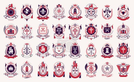 Illustration for Vintage heraldic emblems vector big set, antique heraldry symbolic badges and awards collection, classic style design elements, family emblems. - Royalty Free Image