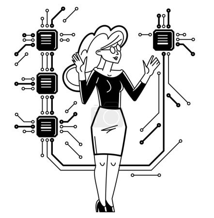 Illustration for Sysadmin repairing hardware vector outline illustration, system administrator computer engineer working with circuit boards motherboard and processor, server pc technology. - Royalty Free Image