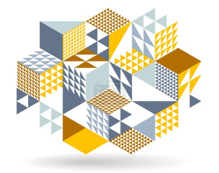 Ilustración de Fondo abstracto de vector geométrico negro y amarillo con cubos y formas, arte de abstracción 3D isométrica que muestra formas de edificios de la ciudad parecen, ilusión óptica de arte op. - Imagen libre de derechos