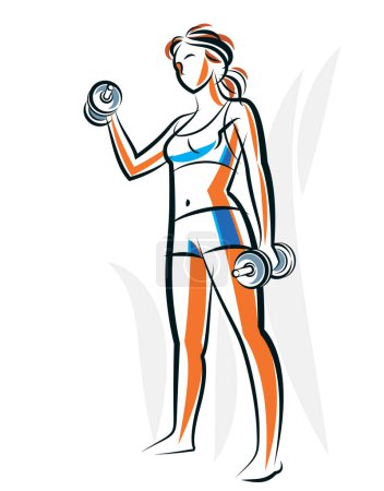 Ilustración de Mujer atractiva joven con la ilustración perfecta vector entrenamiento corporal muscular aislado, ejercicios deportivos estilo de vida activo. - Imagen libre de derechos