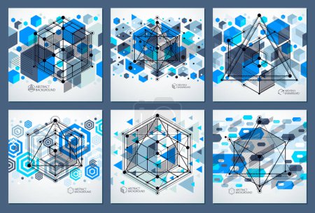 Téléchargez les illustrations : Vecteur de motif géométrique abstrait cube 3D et fonds bleus ensemble. Disposition des cubes, hexagones, carrés, rectangles et différents éléments abstraits
. - en licence libre de droit