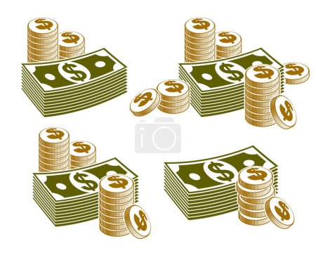 Illustration for Cash money still-life with coins and banknote dollar stack, classic style vector illustration set. - Royalty Free Image