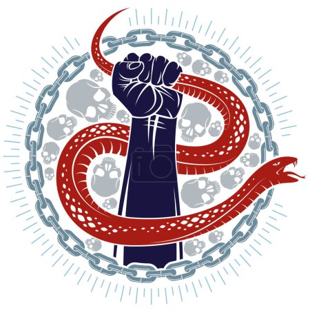 Illustration for Hand squeezes a snake, fight against evil devil and Satan, control your inner beast animal, archetype shadow, life is a fight concept, vintage vector logo or tattoo. - Royalty Free Image