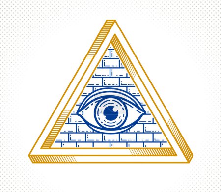 Ilustración de Todo ojo que ve del dios en el triángulo sagrado de la geometría, la mampostería y el símbolo del illuminati, el logotipo del vector o el elemento del diseño del emblema. - Imagen libre de derechos