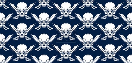 Illustration for Black skulls seamless vector background, endless pattern with horror death sculls, stylish wallpaper of hard rock culture music fashion theme, gothic image. - Royalty Free Image