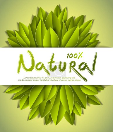 Illustration for 100 percent natural card with fresh green leaves, advertising banner, vector design made in paper cut realistic style. - Royalty Free Image