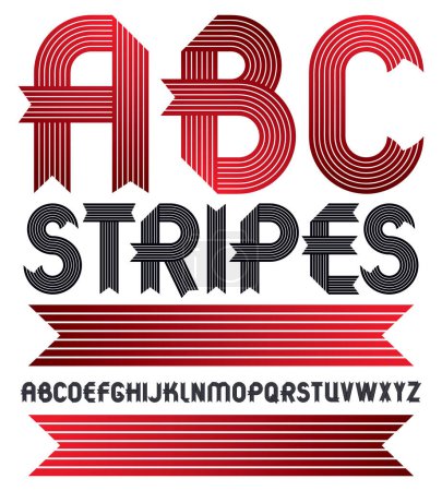 Illustration for Set of trendy vector capital alphabet letters, abc isolated. Geometric bold type font, script from a to z can be used for logo creation. Made with stripy decoration - Royalty Free Image