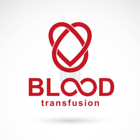 Illustration for Blood transfusion inscription isolated on white and made using vector red blood drops, heart shape and limitless symbol. Take a concern about human life and health, blood donation logo. - Royalty Free Image