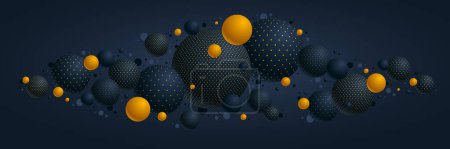 Téléchargez les illustrations : Abstrait noir et jaune sphères pointillées fond vectoriel, composition de boules volantes décorées de points, globes mélangés 3D - en licence libre de droit