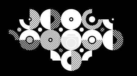 Illustration for Abstract geometric black and white vector background, modular tiling stripy art with circles and other shapes, monochrome retro style artistic motif over dark. - Royalty Free Image