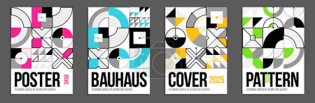 Ilustración de Carteles y cubiertas de vectores geométricos en estilo Bauhaus, diseño para hoja de publicidad, formas de estilo de ingeniería tecnológica mecánica, folleto o portada de libro. - Imagen libre de derechos