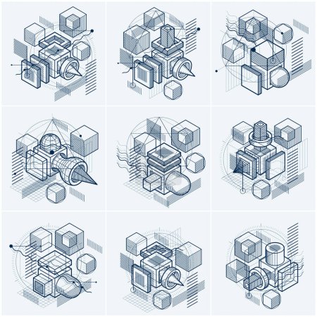 Illustration for Isometric abstract backgrounds with linear dimensional shapes, vector 3d mesh elements. Compositions of cubes, hexagons, squares, rectangles and different abstract elements. Vector collection. - Royalty Free Image