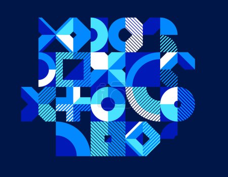 Ilustración de Composición geométrica de fondo sobre oscuro, vector geométrico patrón de rayas abstractas, azulejos modulares con círculos y triángulos, composición de arte gráfico de moda. - Imagen libre de derechos