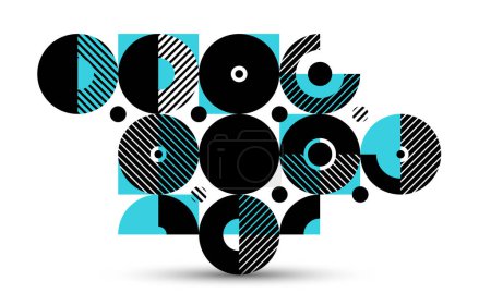 Illustration for Geometric background composition, vector geometrical abstract stripy pattern, modular tiles with circles and triangles, trendy graphic art composition. - Royalty Free Image