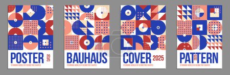 Téléchargez les illustrations : Affiches vectorielles géométriques et couvertures dans le style Bauhaus, mise en page pour la feuille de publicité, brochure ou couverture de livre, motif mosaïque de carrelage dans les couleurs traditionnelles de la céramique. - en licence libre de droit