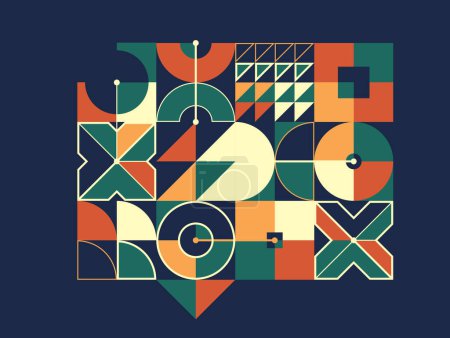 Ilustración de Bauhaus estilo abstracto geométrico vector fondo sobre oscuro, abstracción geométrica arte en colores étnicos, composición de patrón artístico colorido. - Imagen libre de derechos