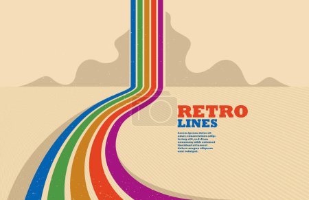 Illustration for Linear vector abstract background in all colors of rainbow, retro style lines in 3D dimensional perspective, vintage poster art. - Royalty Free Image