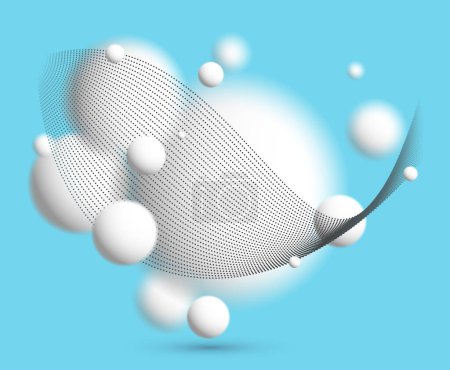 Ilustración de Esferas desenfocadas en 3D claras y suaves con partículas flujo de onda vector fondo abstracto sobre azul, relajantes bolas blancas ambientales en levitación, fondo de pantalla atmosférico. - Imagen libre de derechos
