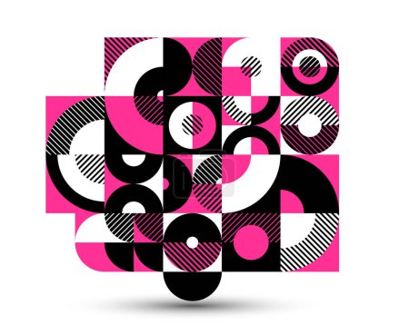Ilustración de Composición geométrica de fondo, patrón de rayas abstractas geométricas vectoriales, azulejos modulares con círculos y triángulos, composición de arte gráfico de moda. - Imagen libre de derechos