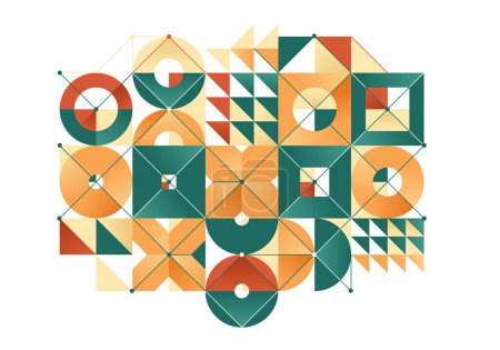 Ilustración de Bauhaus estilo abstracto vector geométrico fondo con círculos triángulos y líneas, abstracción geométrica arte en colores étnicos, composición de patrón artístico. - Imagen libre de derechos