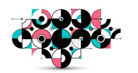 Téléchargez les illustrations : Bauhaus style abstrait fond vectoriel géométrique avec des cercles triangles et des lignes, art abstrait géométrique, composition de motifs artistiques. - en licence libre de droit