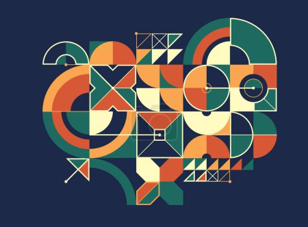 Ilustración de Bauhaus estilo abstracto geométrico vector fondo sobre oscuro, abstracción geométrica arte en colores étnicos, composición de patrón artístico colorido. - Imagen libre de derechos