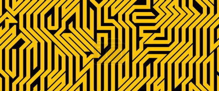 Illustration for Tech style seamless linear pattern vector, circuit board lines endless background wallpaper image, black and yellow geometric design techno micro picture. - Royalty Free Image