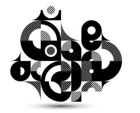 Téléchargez les illustrations : Abstrait fond vectoriel géométrique noir et blanc, art modulaire rayé carrelage avec des cercles et d'autres formes, motif artistique monochrome de style rétro isolé. - en licence libre de droit